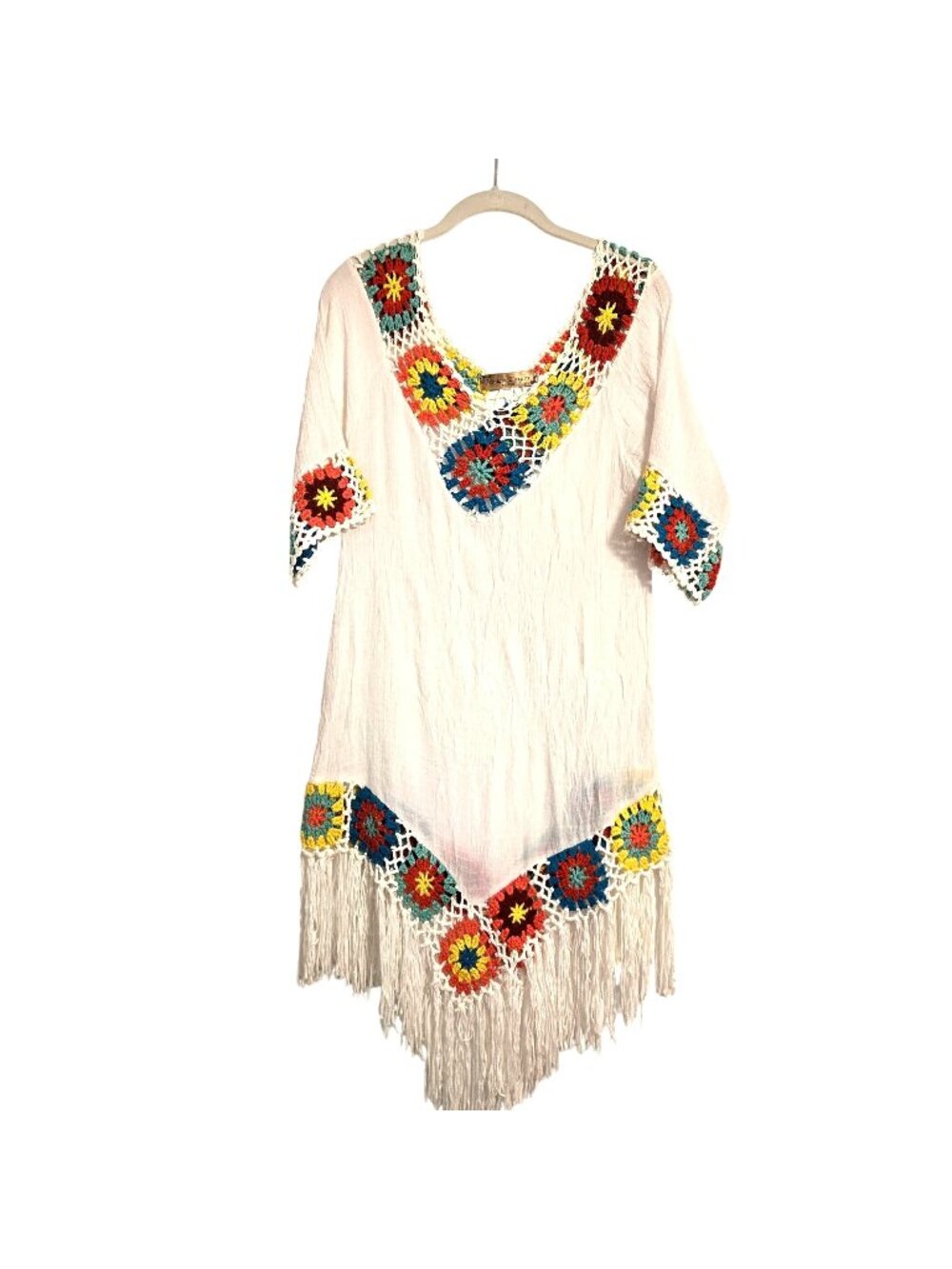 Jessica Taylor NYC Granny Square Crochet Fringe Boho Bohemian Hippie Cover-up